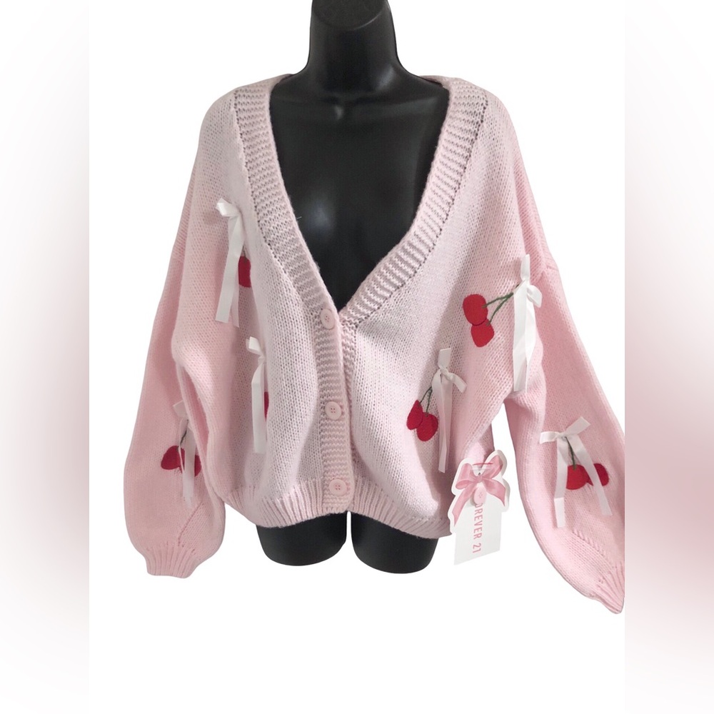 Pink chunky crochet knit white bow embroidered cherry print cardigan sixe XL new